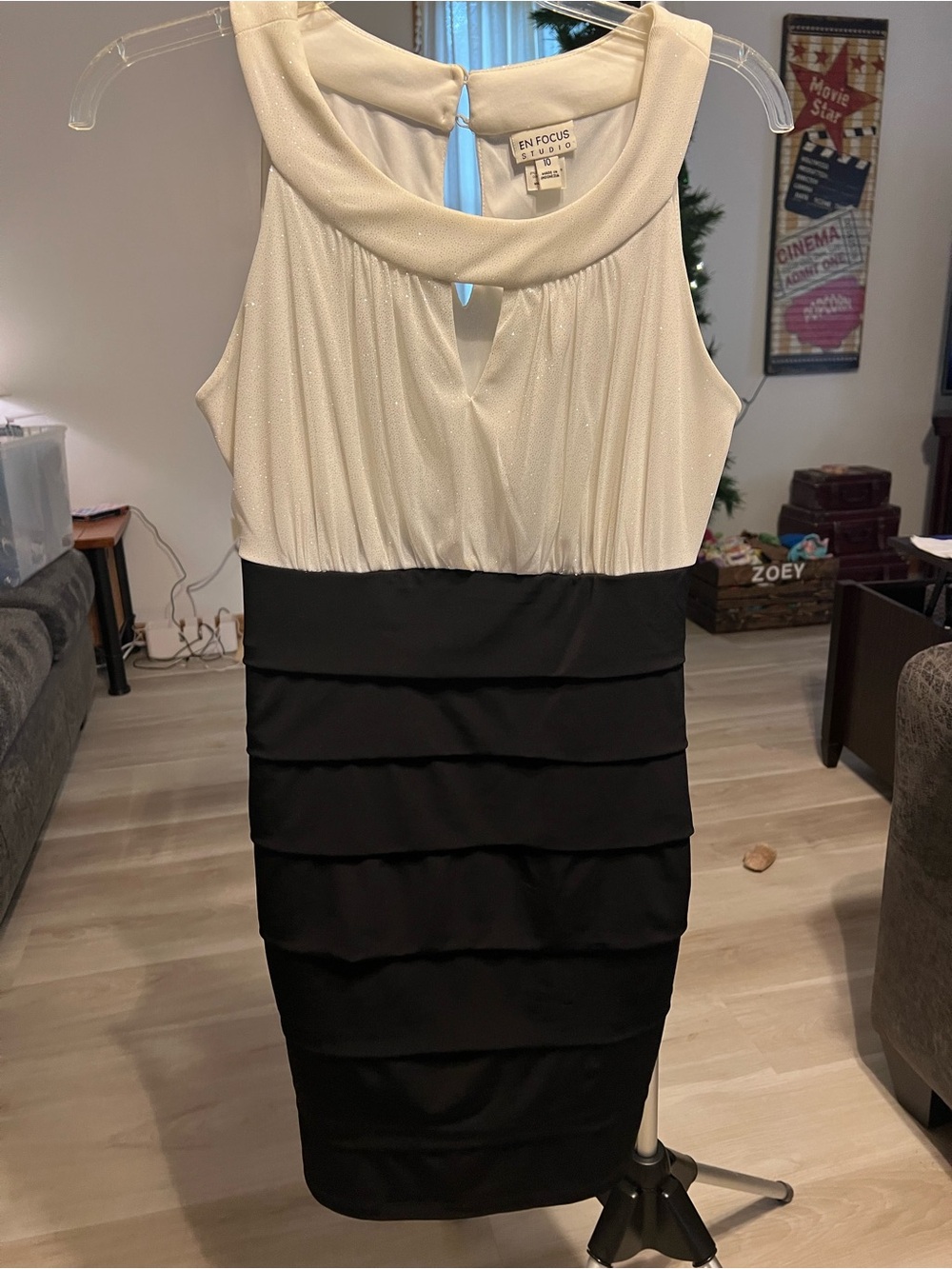 Enfocus Studio Ivory and Black Sleeveless Tiered Midi Dress